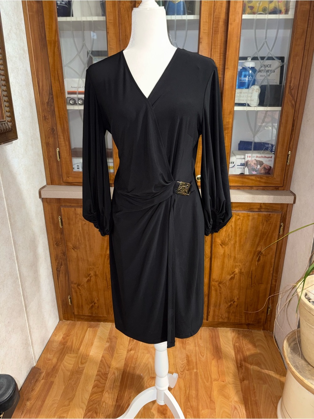 Anne Klein size 12 black v/neck faux wrap dress with buckle and 3/4 sleeve EUC